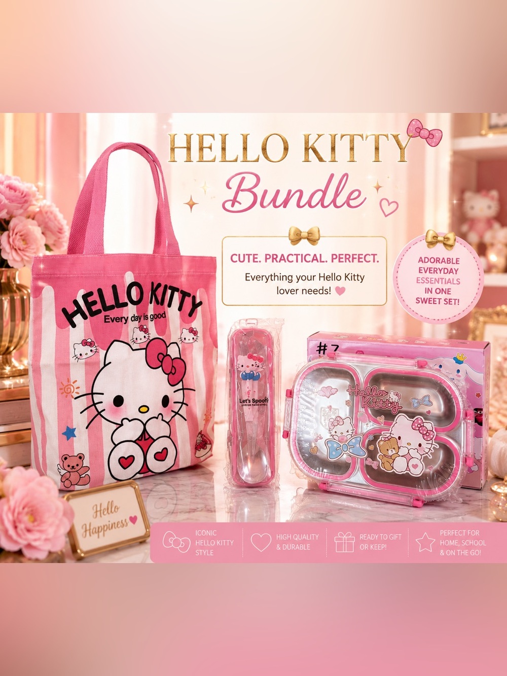 NEW Hello Kitty Bento Lunch Box Tote & Utensil 2 pc Bundle | $75 Retail 🎀